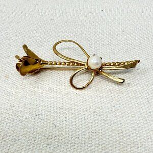 Vintage Rose Flower Brooch Gold-Tone Bow‎ Dainty Minimal Imitation Pearl Retro